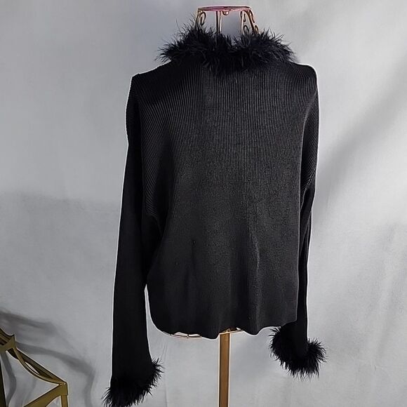 Feather Trimmed Black Knit Long Sleeved Button Cardigan Holiday Sweater - Picture 7 of 8